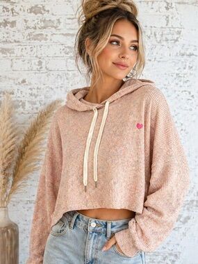 Lea & Viola Cropped Hoodie Ribbed Knit Pink Heart Soft Oversized M